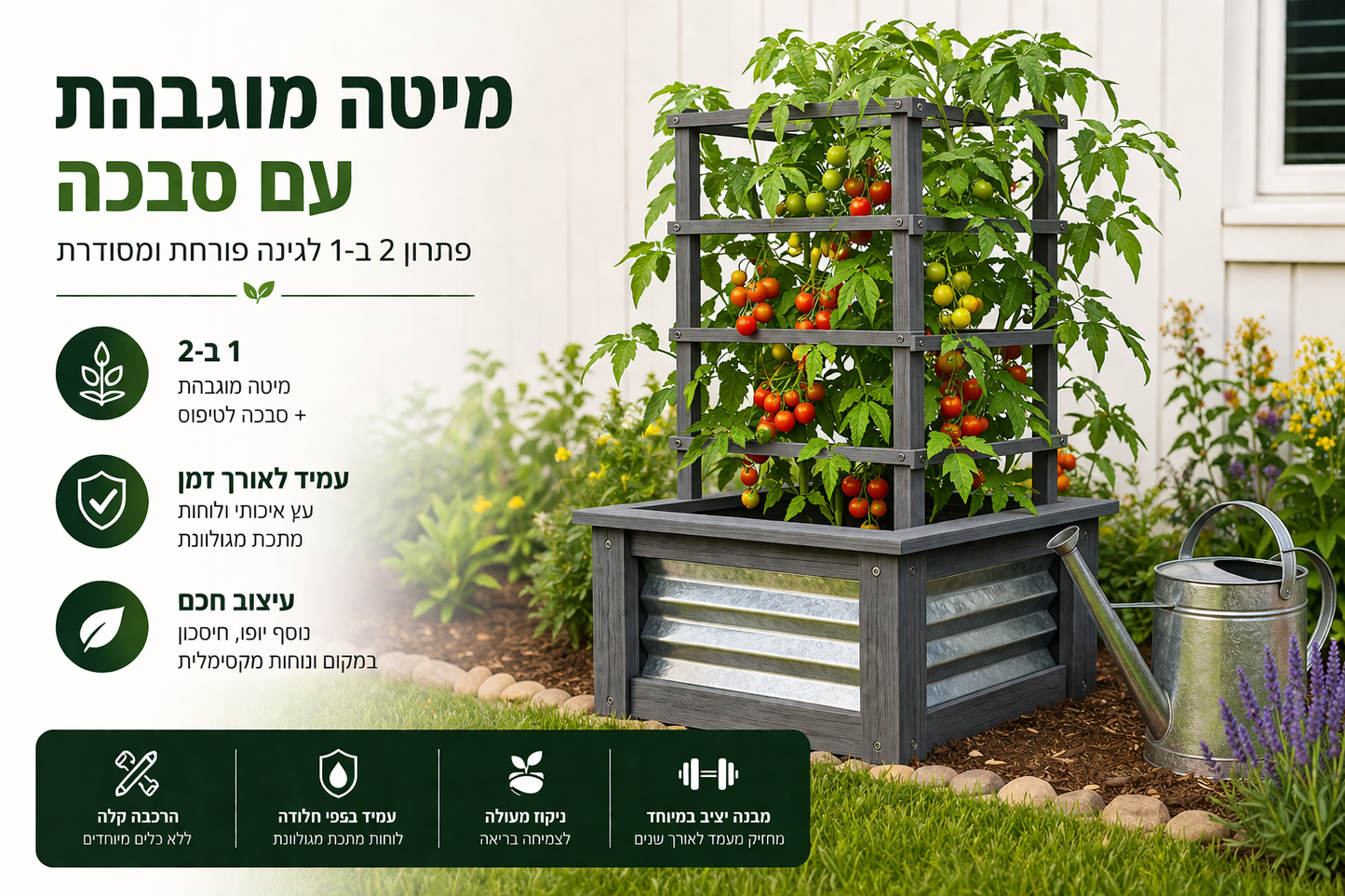 גרין-פריים טרליס – ערוגת גידול מוגבהת מעץ עם סבכה לצמחים מטפסים